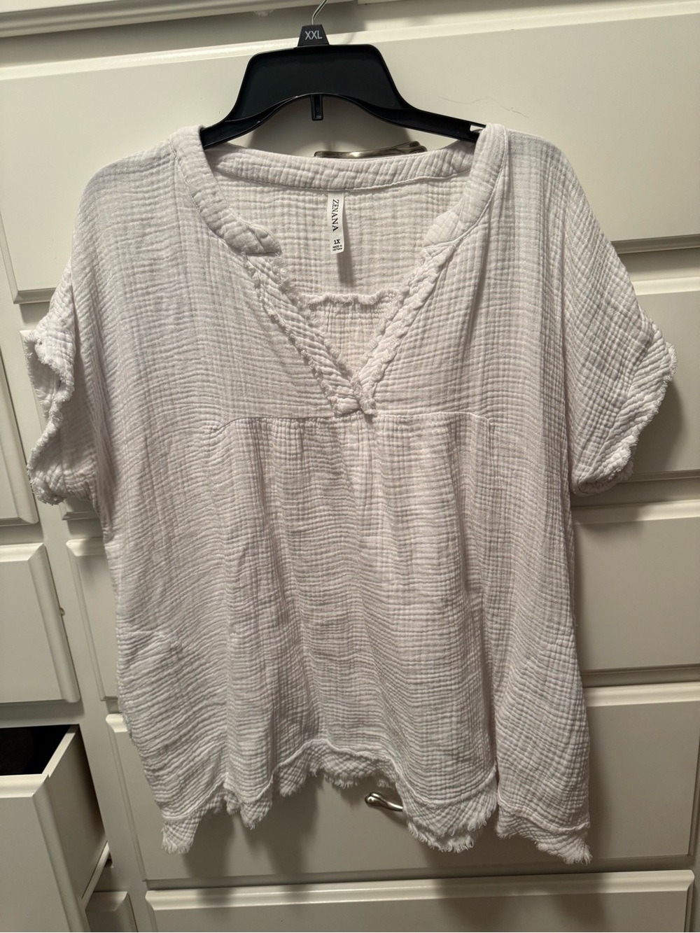 Zenana Outfitters White Gauze Braided V‑Neck Short Sleeve Tunic